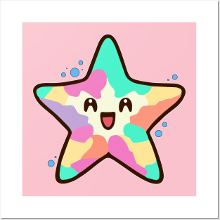 Happy smiling baby starfish with bubbles. Kawaii cartoon Posters and Art